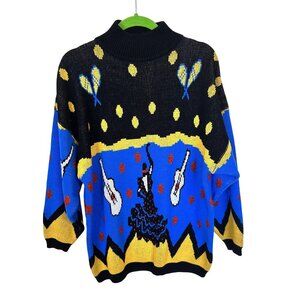 Creative Force Colorful Knit Sweater Womens Medium Vtg 90s Ethnic Music Blue